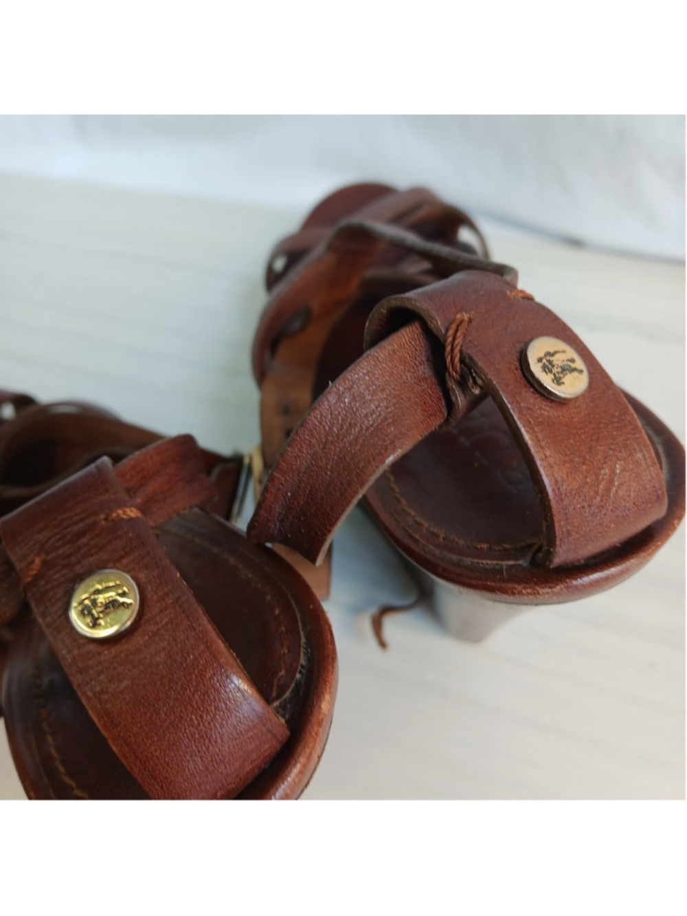 Burberry Delamer Brown Leather Strappy Wedge Heels Women's 8 Boho Fancy * Read* - Picture 7 of 12